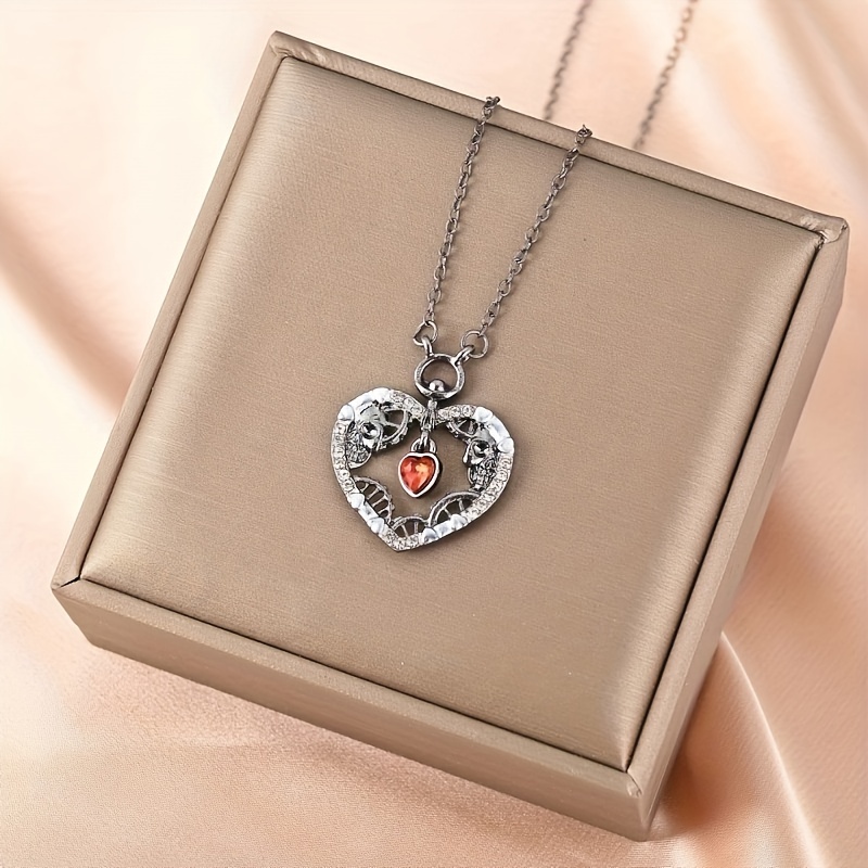 Steampunk Skull Necklace Heart Ruby Pendant Necklace